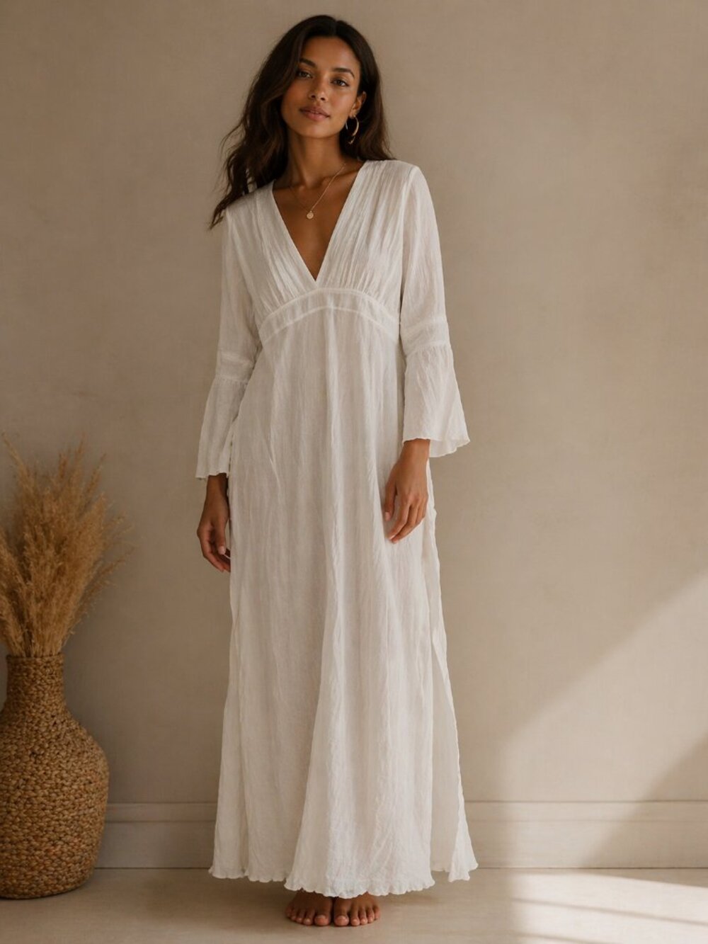 Elan Cream Maxi Dress V-Neck Flared Sleeve